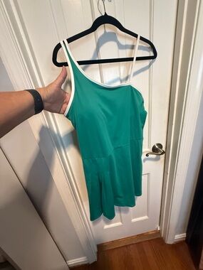 NWT- All in Motion Green One-Shoulder Tennis dress white trim, shorts & pockets